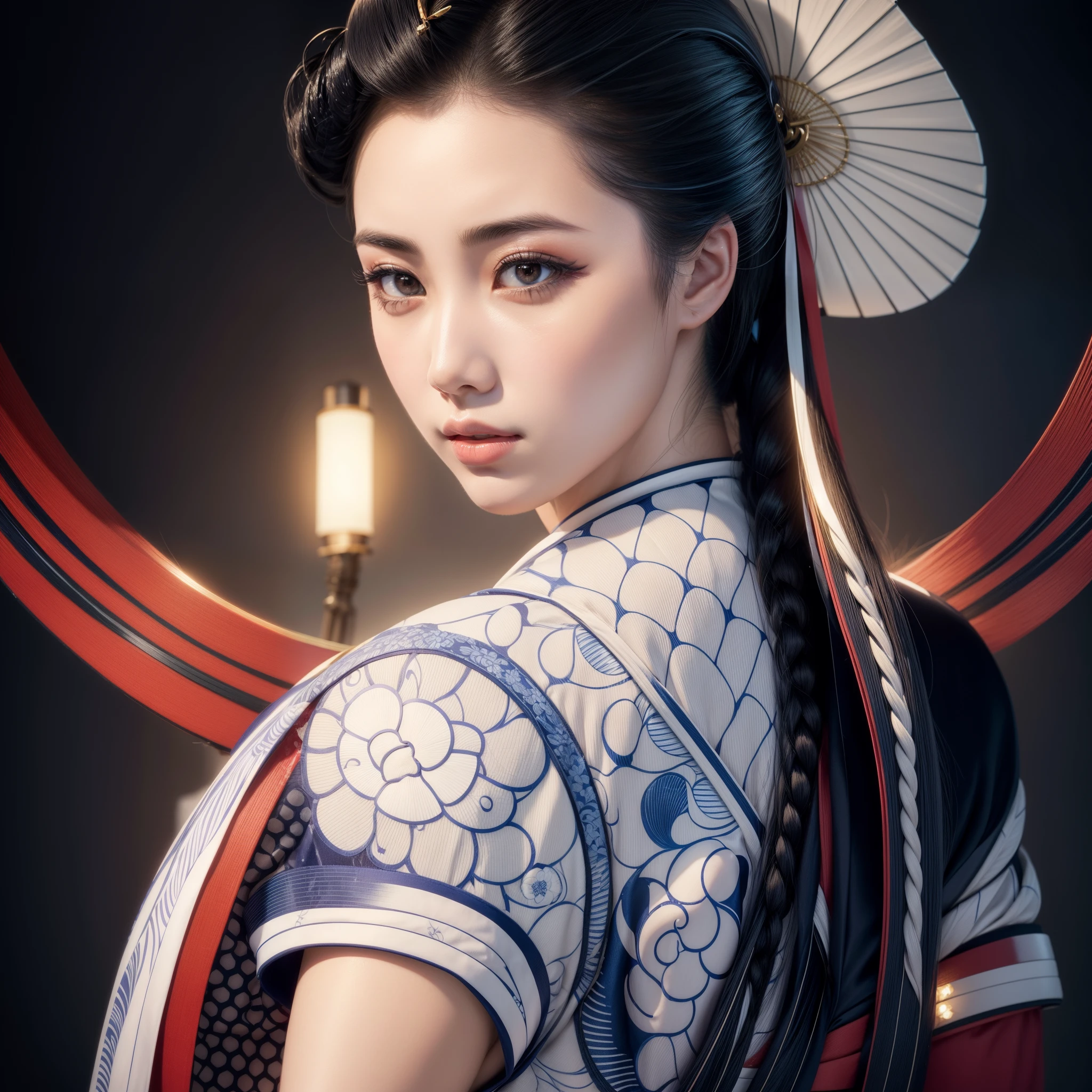 A beautiful young geisha, hot, with silky (pale) skin, full lips, with black hair with a braided ponytail, with a fan behind her head, wearing a stylized blue and white kimono, posing looking back from behind her shoulders, on a starry night, beautiful geisha with silky white skin, hyperrealistic charming geisha, photorealistic powerful geisha, geisha of pure sensuality of intricate details.