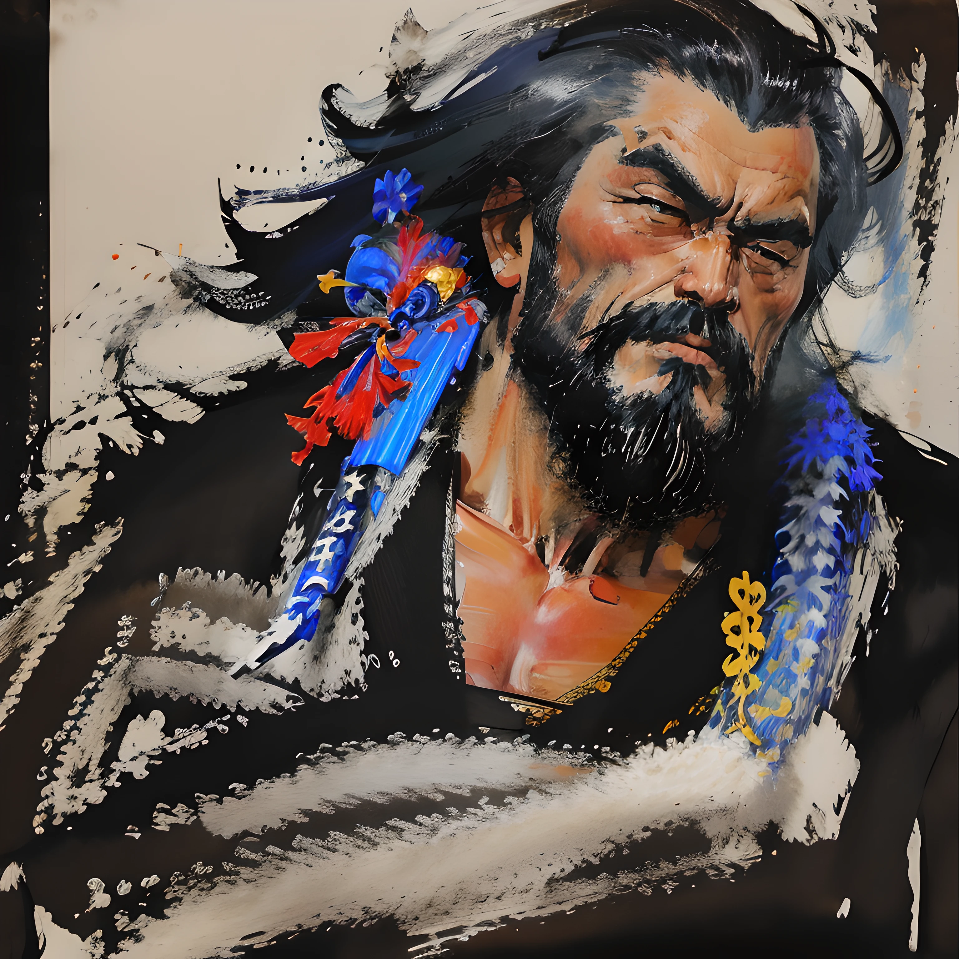 This  a full-body painting with natural colors，Katsushika Hokusai style line drawing。The general  tall，like a strong man。His expression  solemn and manly，Full of determination，minority helmet，Viking thick black beard，Split beard。He wears black armor on his upper body。with the highest quality，High-resolution ukiyo-e style masterpiece of lightning and swirling flameace and body facing forward，The back  straight。