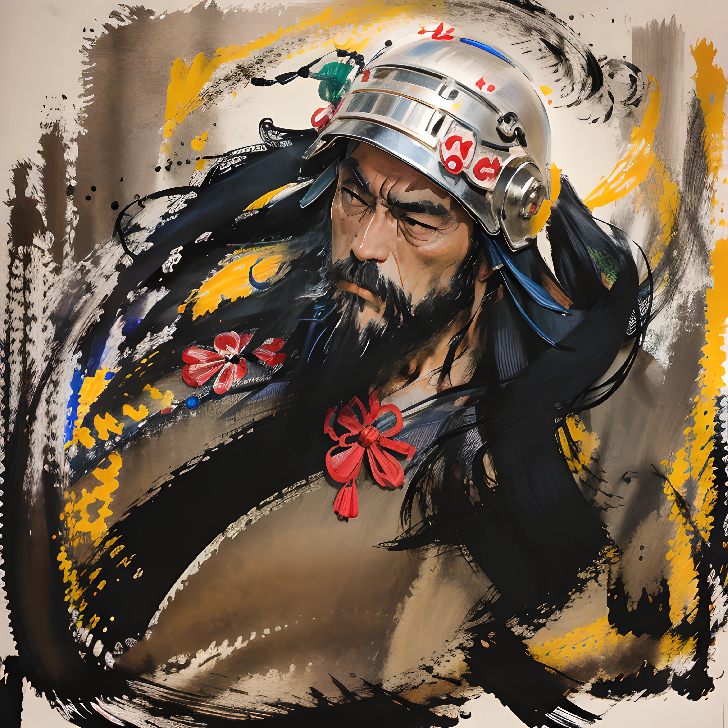 This a full-body painting with natural colors,Katsushika Hokusai style line drawing。The general tall,like a strong man。His expression solemn and manly,Full of determination,minority helmet,Viking thick black beard,Beard ends parted。His whole body covered in armor。with the highest quality,High-resolution ukiyo-e style masterpiece of lightning and swirling flameace and body facing forward,The back straight。