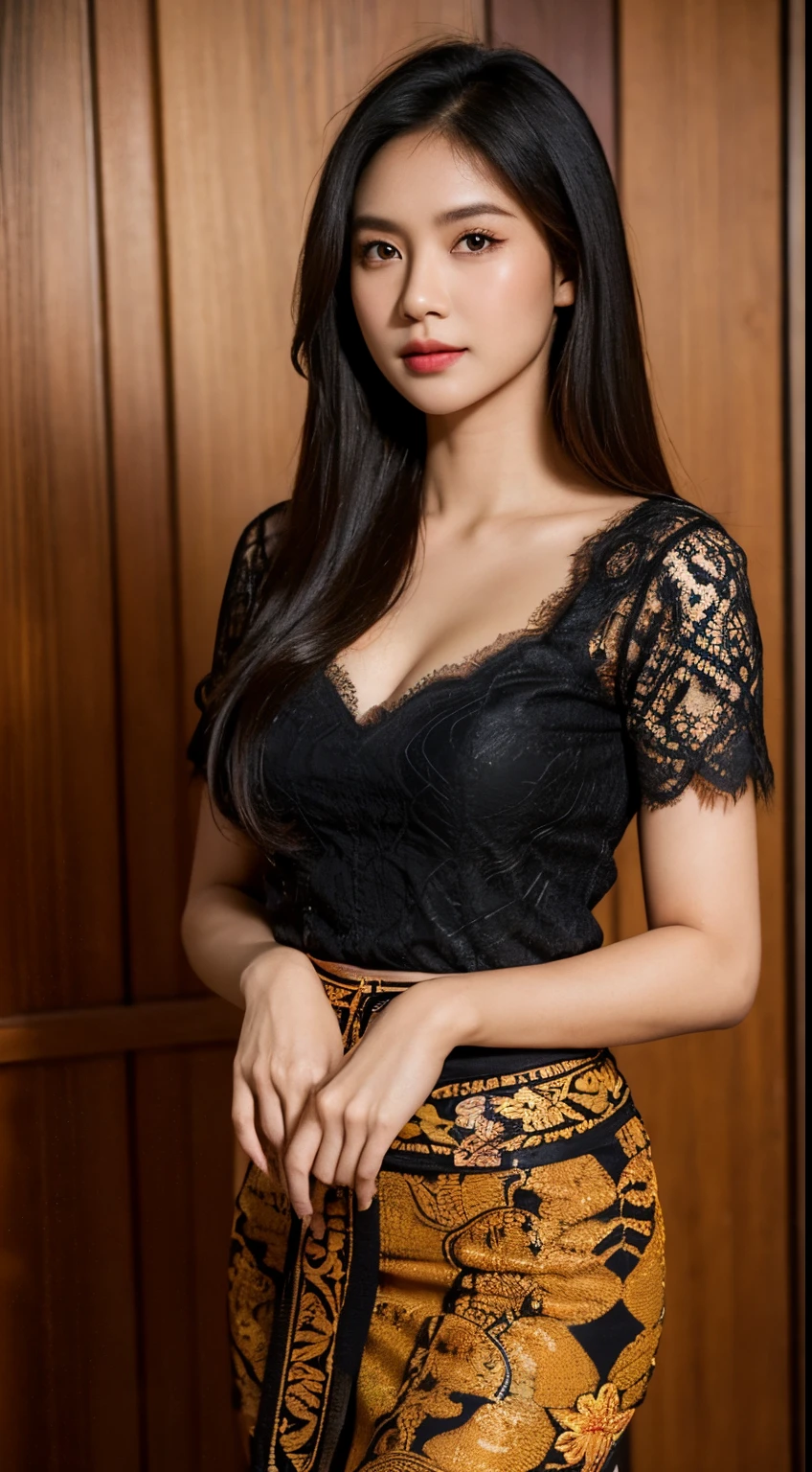 1 Indonesian-Dutch girl, 25 years old, long fashion hair, fit body, small cleavage, skintight black lace kebaya, batik skirt, masterpiece, highly detailed, ultra hd, 8k, detailed face, bright eyes, perfect eyes, detailed skin texture, detailed lips, sexy lips, perfect hands, dynamic angle, cowboy shot