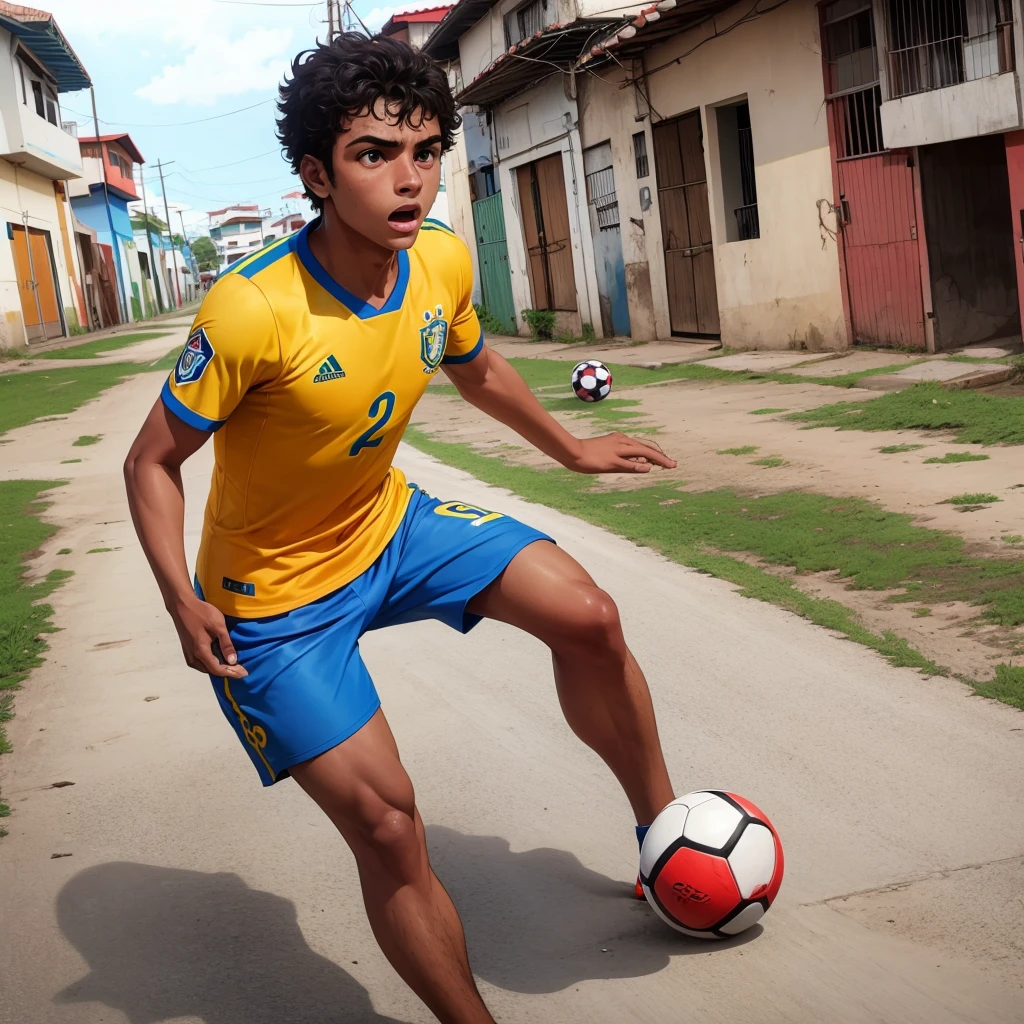 Um jovem brasileiro jogando futebol em um bairro pobre de Pernambuco, no Recife