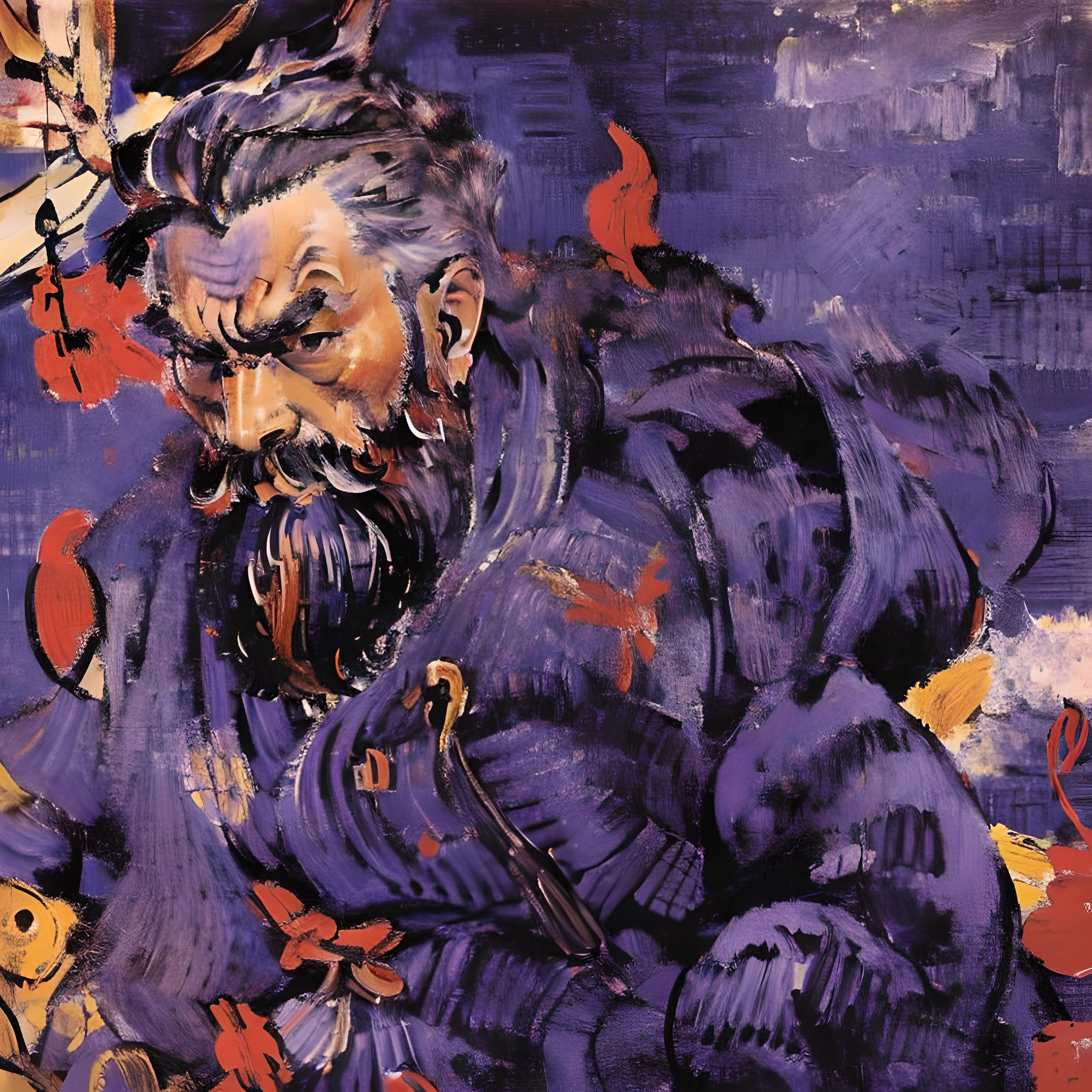 This  a full-body painting with natural colors，Katsushika Hokusai style line drawing。The general  tall，like a strong man。His expression  solemn and manly，Full of determination，minority helmet，viking thick beard，The end of the beard  divided into two strands。His whole body  covered in armor。with the highest quality，High-resolution ukiyo-e style masterpiece，The background  unrestrained brushstrokeace and body facing forward，The back  straight。