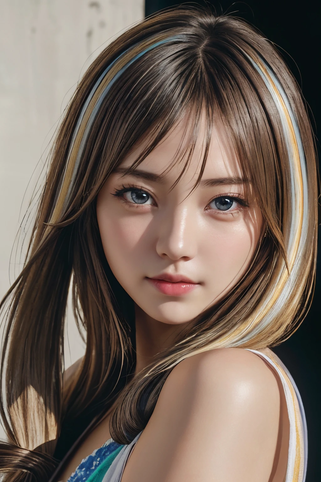 analog style, model shoot tyle, (younggirl:1.5), ((a japanese girl)), ((colorful photo:1.5)), (length hair, O cabelo multicolorido:1.7), (美丽的面容), (face perfect), Raw photography, ((Take a portrait facing the viewer)), (pale-skinned), top-quality, film grains, hyper realisitic, ultra realistic textures, masterpiece, the Extremely Detailed CG Unity 8K Wallpapers, ((Realistic brown eyes)), detailed photo, ecstasy of light and shadow, deep-shadows