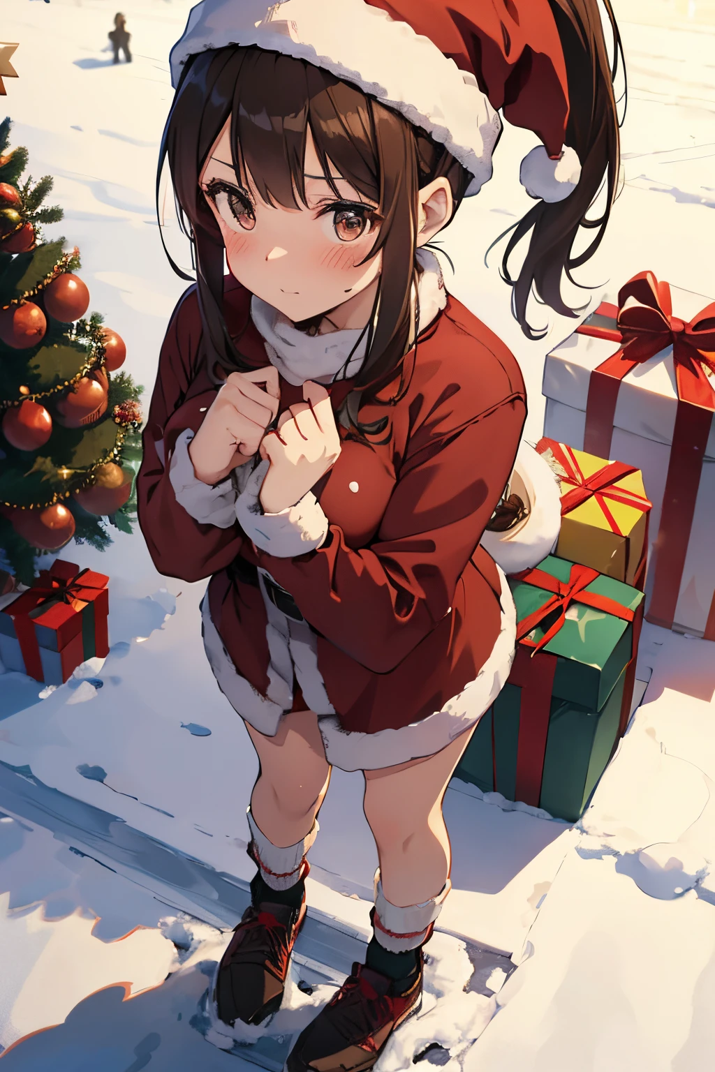 "anime girl, 1 person, dark brown hair, ponytail, ponytail, tied hair, brown eyes, socks, santa hat, santa outfit, santa outfit, winter outfit, red dress, big breasts, blushing, full body, snowfall, christmas gift box, christmas, solo, front view, (full HD 4K+ image)"