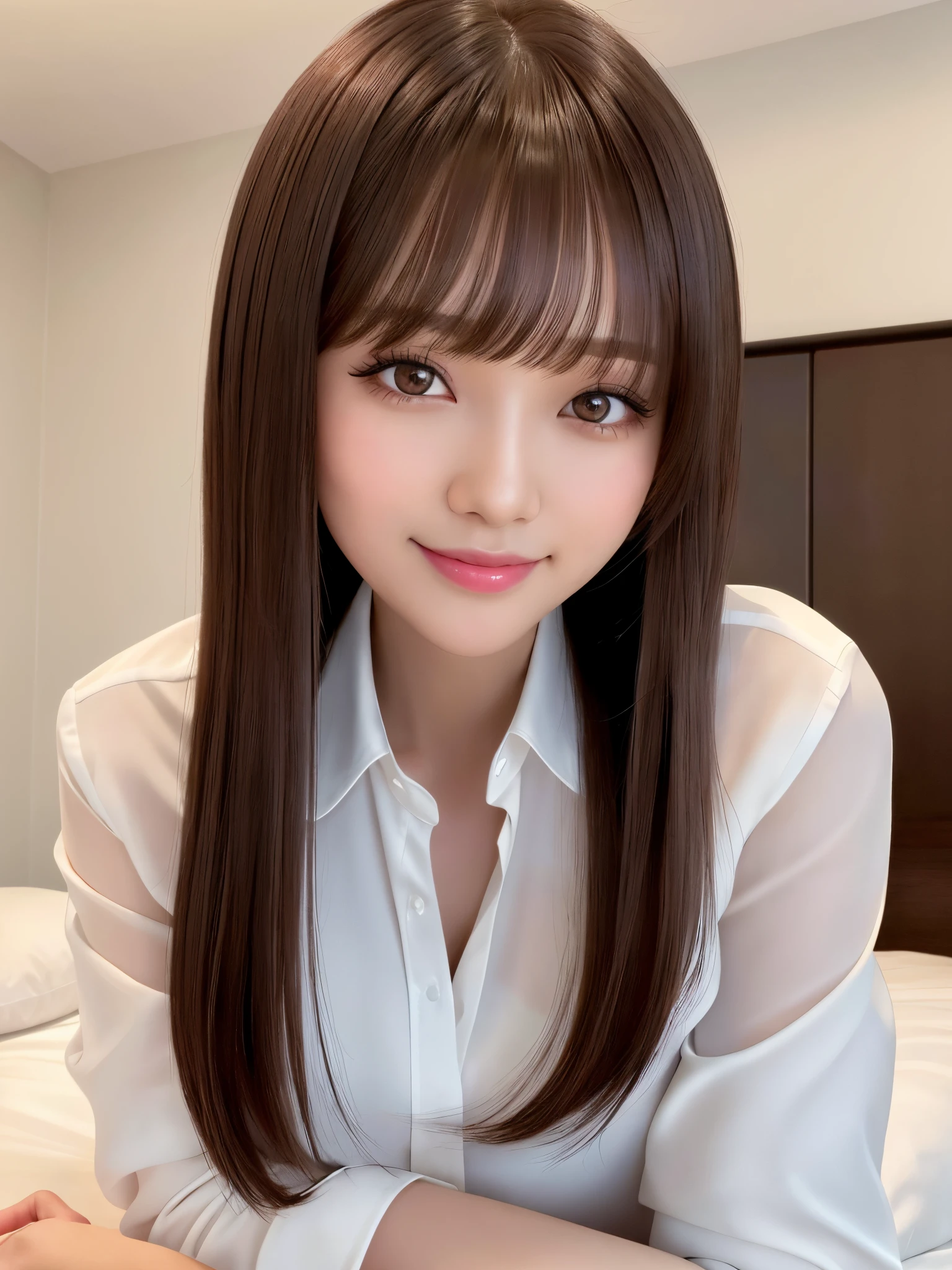 product quality, 1girl, full body shot, composition looking subject up from below, a Japanese young pretty girl, long bob hair, lying alone with a big smile on her back on a silk bed in a luxury room in the night, spreading her legs widely, glamorous figure, wearing a long sleeve and white collared silky satin shirt unbuttoned, shiny satin white panties, hyper cute face, glossy lips, double eyelids in both eyes, natural makeup, long eyelashes, shiny smooth light brown long bob hair, asymmetrical bangs, central image, high resolution, high detail, detailed hairstyle, detailed face, spectacular cinematic lighting, octane rendering, vibrant, hyper realistic, perfect limbs, perfect anatomy