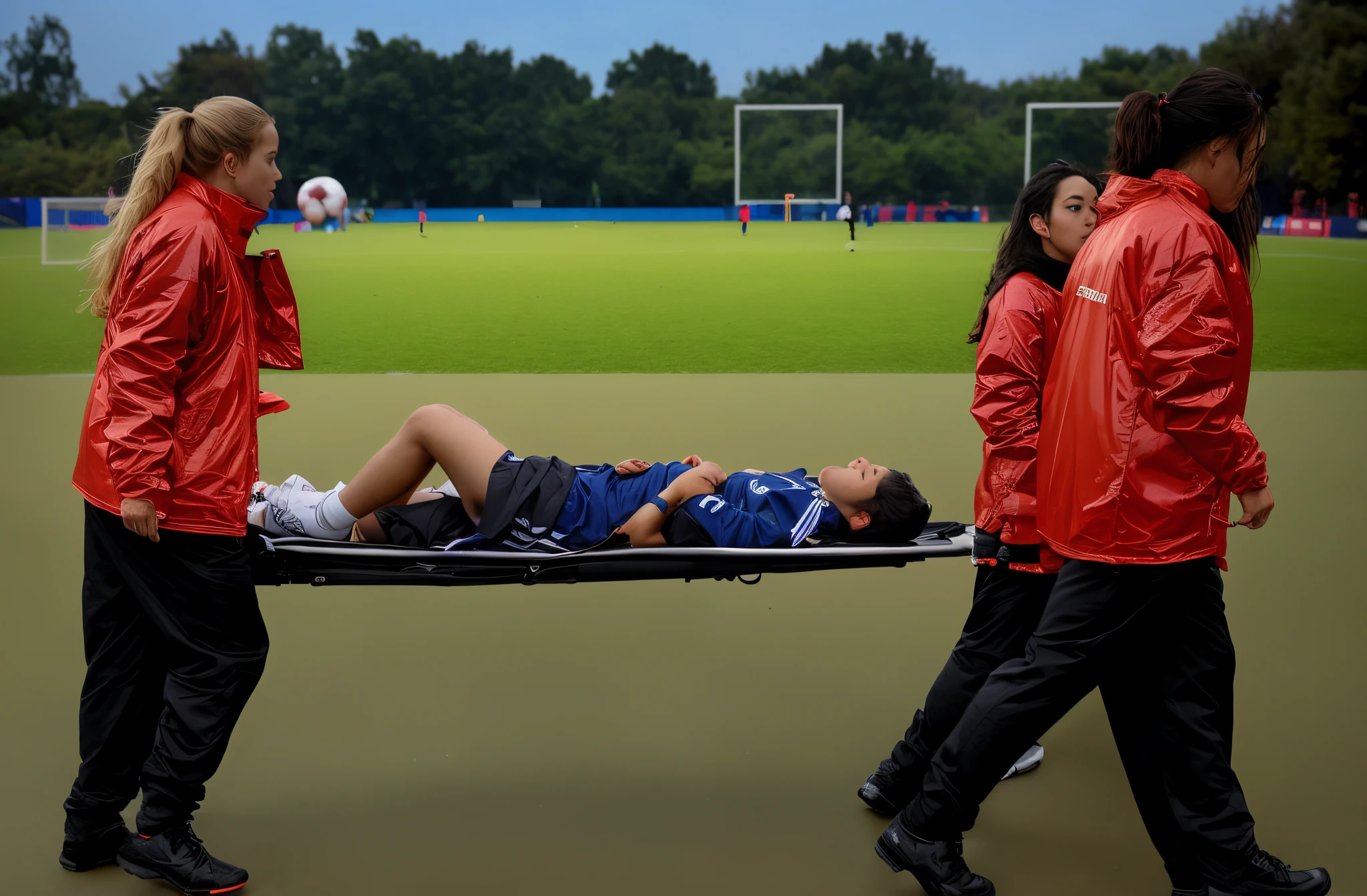 Soccer player is taken away on a stretcher, There is a man lying on his back on a stretcher with his hands grabbing his hurting leg, a man in a t-shirt and sports shorts has put his hands on his injured leg, the man has an agonised face looking to the sky, two horny looking longhaired and ponytailed women that are wearing very shiny coats, there are longhaired women with ????? faces wearing laquered puffy coats, longhaired women are walking in wetlook puffy coats, several women walking around a football field with an injured athlete on a stretcher, the injured athlete on the stretcher is grabbing his injured leg with both hands, the women look very worried, behind the women there is a frightening atmosphere, there is heavy rainfall in the background, video still, behind the scenes, pity, china, ??????, ?????, drama, very shiny orange vinyl fabric