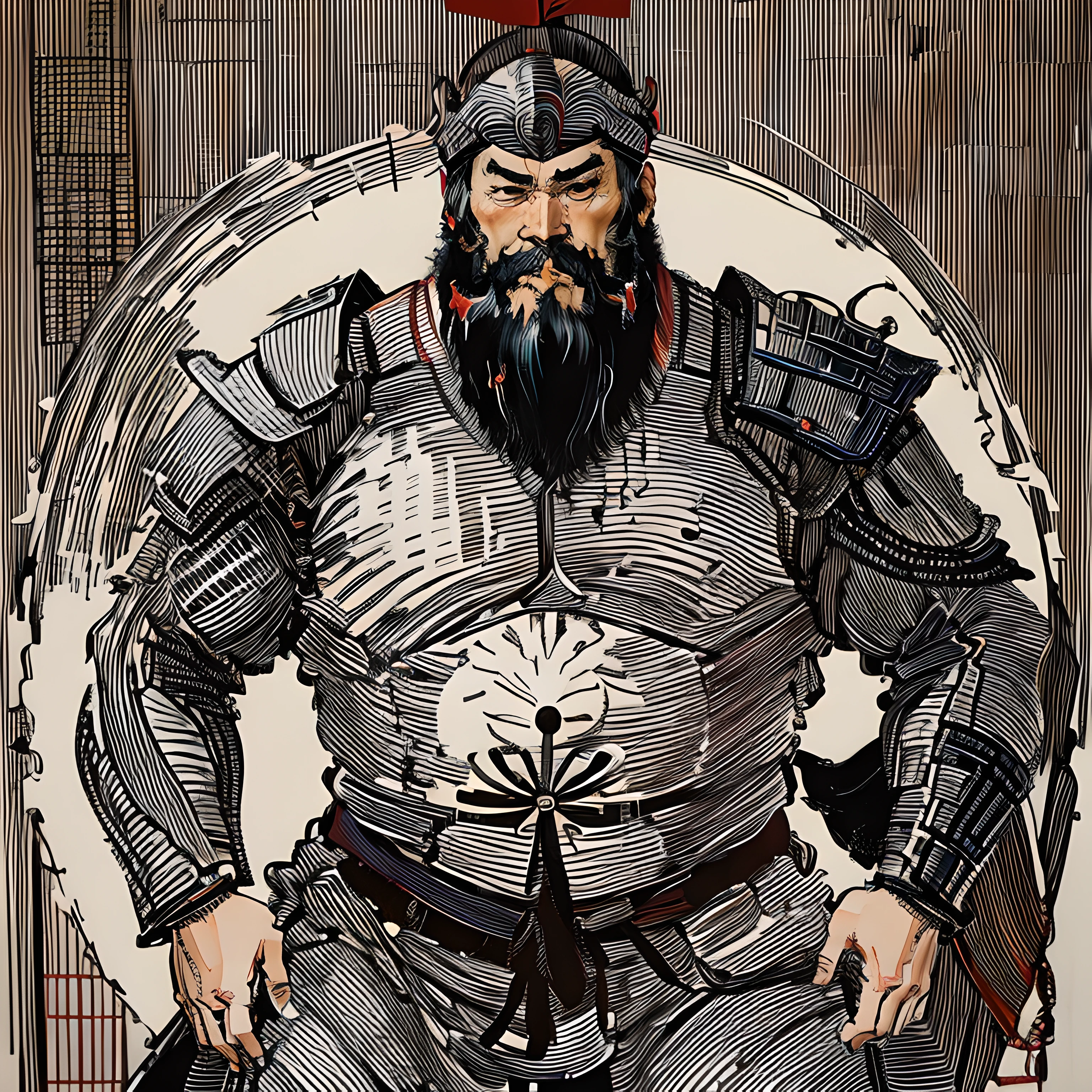 This  a full-body painting with natural colors，Katsushika Hokusai style line drawing。The general  tall，like a strong man。His expression  solemn and manly，Full of determination，Ancient Chinese helmets，Chinese thick beard，The end of the beard  divided into two strands。His whole body  covered in armor。with the highest quality，High-resolution ukiyo-e style masterpiece，The background  unrestrained brushstrokeace and body facing forward，The back  straight。