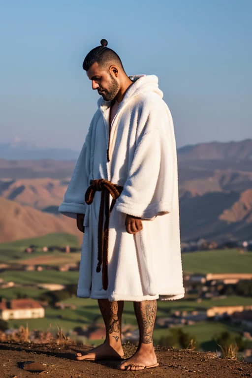 middle-aged man in fantasy world, Official, A baggy hooded robe that smells like poverty., No beard, bald on the top of the head, Hair grows on the sides and back of the head, Standing, Full body