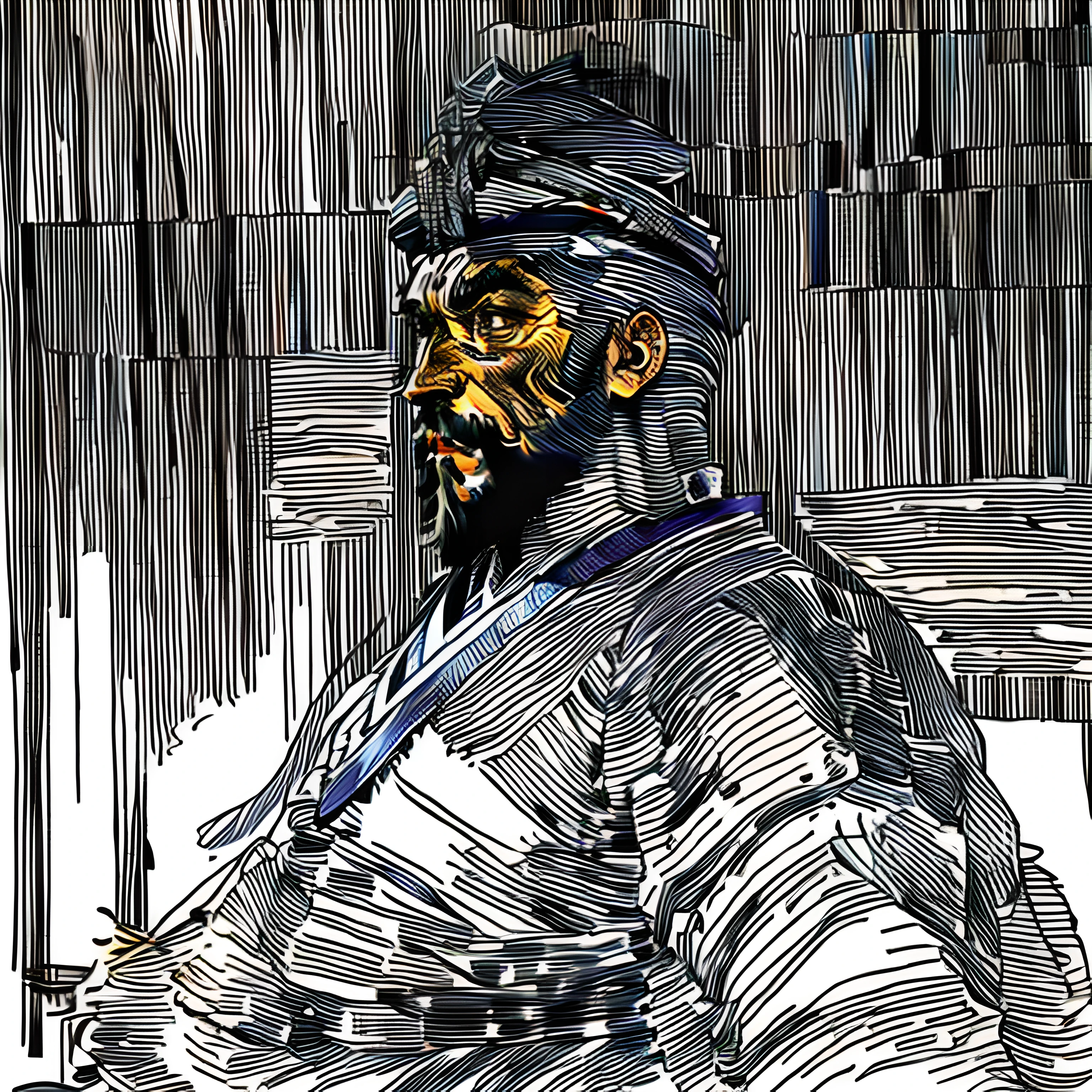 This  a full-body painting with natural colors，Katsushika Hokusai style line drawing。The general  tall，like a strong man。His expression  solemn and manly，Full of determination，Ancient Chinese helmets，Chinese thick beard，The end of the beard  divided into two strands。His whole body  covered in armor。with the highest quality，High-resolution ukiyo-e style masterpiece，The background  unrestrained brushstrokeace and body facing forward，The back  straight。