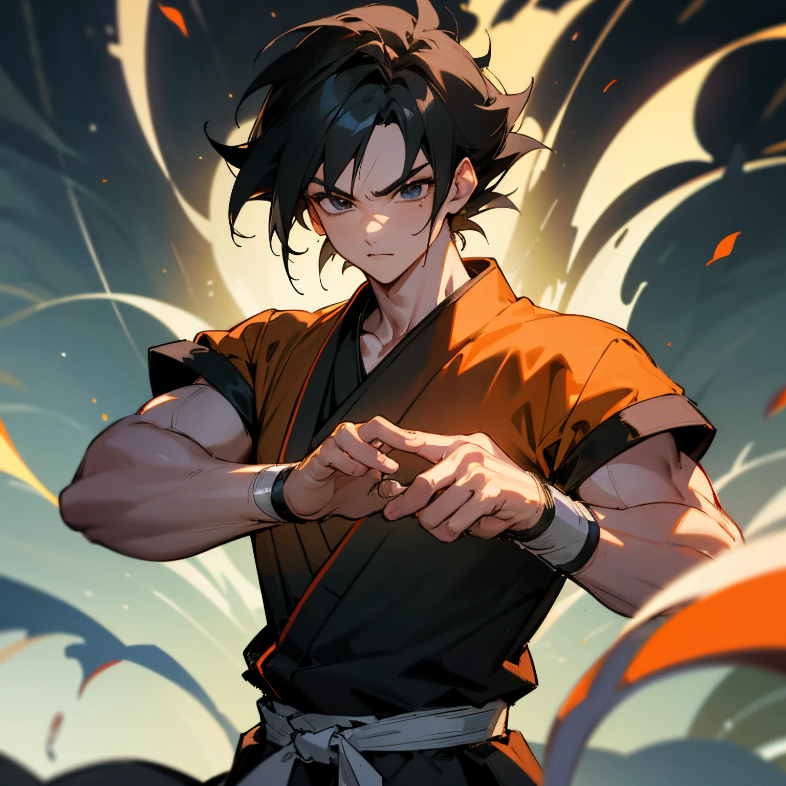 [(best quality,4k,8k,highres,masterpiece:1.2),ultra-detailed,HDR,UHD,studio lighting,ultra-fine painting,sharp focus,physically-based rendering,extreme detail description,professional,vivid colors,bokeh], portraits, Black Hair, Saiyan Hair, Slicked Back Hair, Black Eyes, beautiful detailed eyes, Orange Martial arts clothing, Black Karate Belt, Island Background, 1male, Short hair