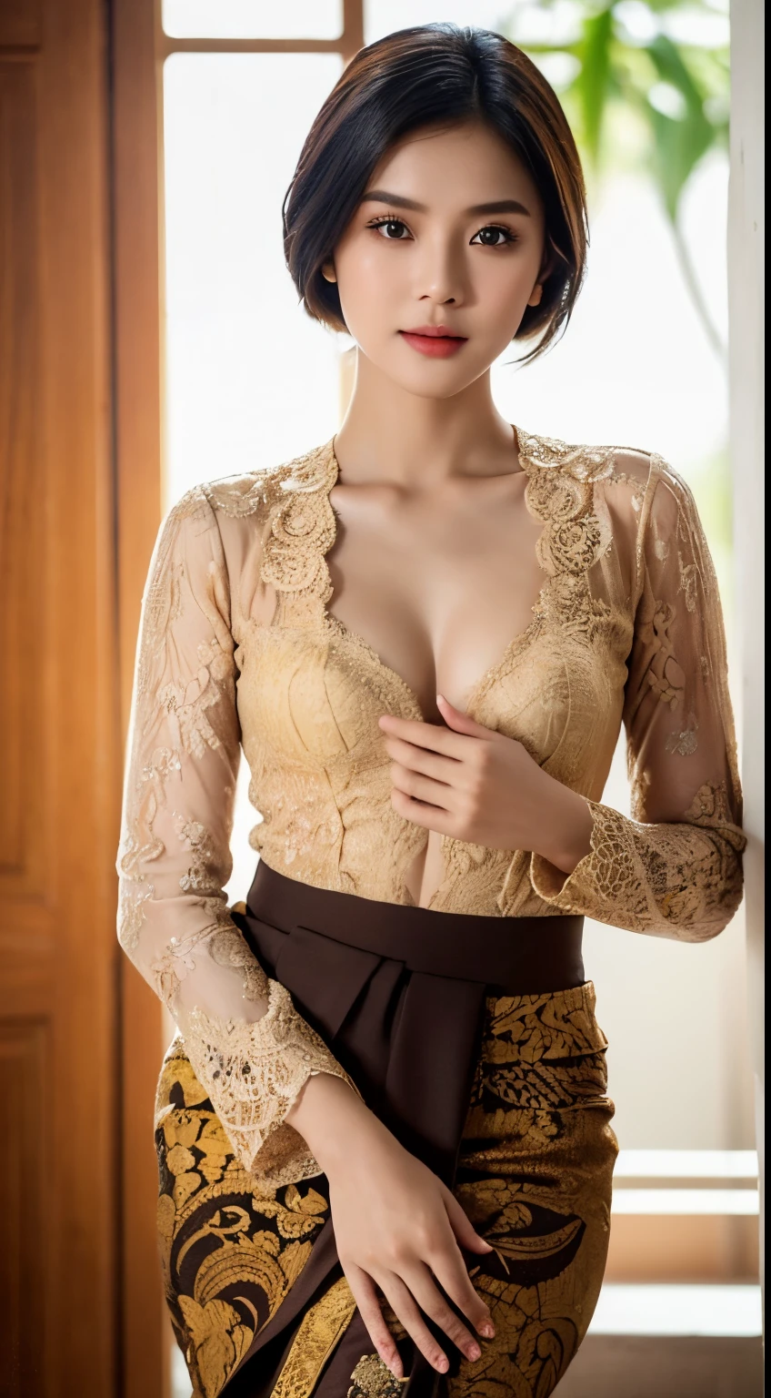 1 Indonesian girl, 25 years old, short fashion hair, slim body, small cleavage, skintight beige lace kebaya, batik skirt, masterpiece, highly detailed, ultra hd, 8k, detailed face, bright eyes, perfect eyes, detailed skin texture, detailed lips, sexy lips, perfect hands, dynamic poses, dynamic angle