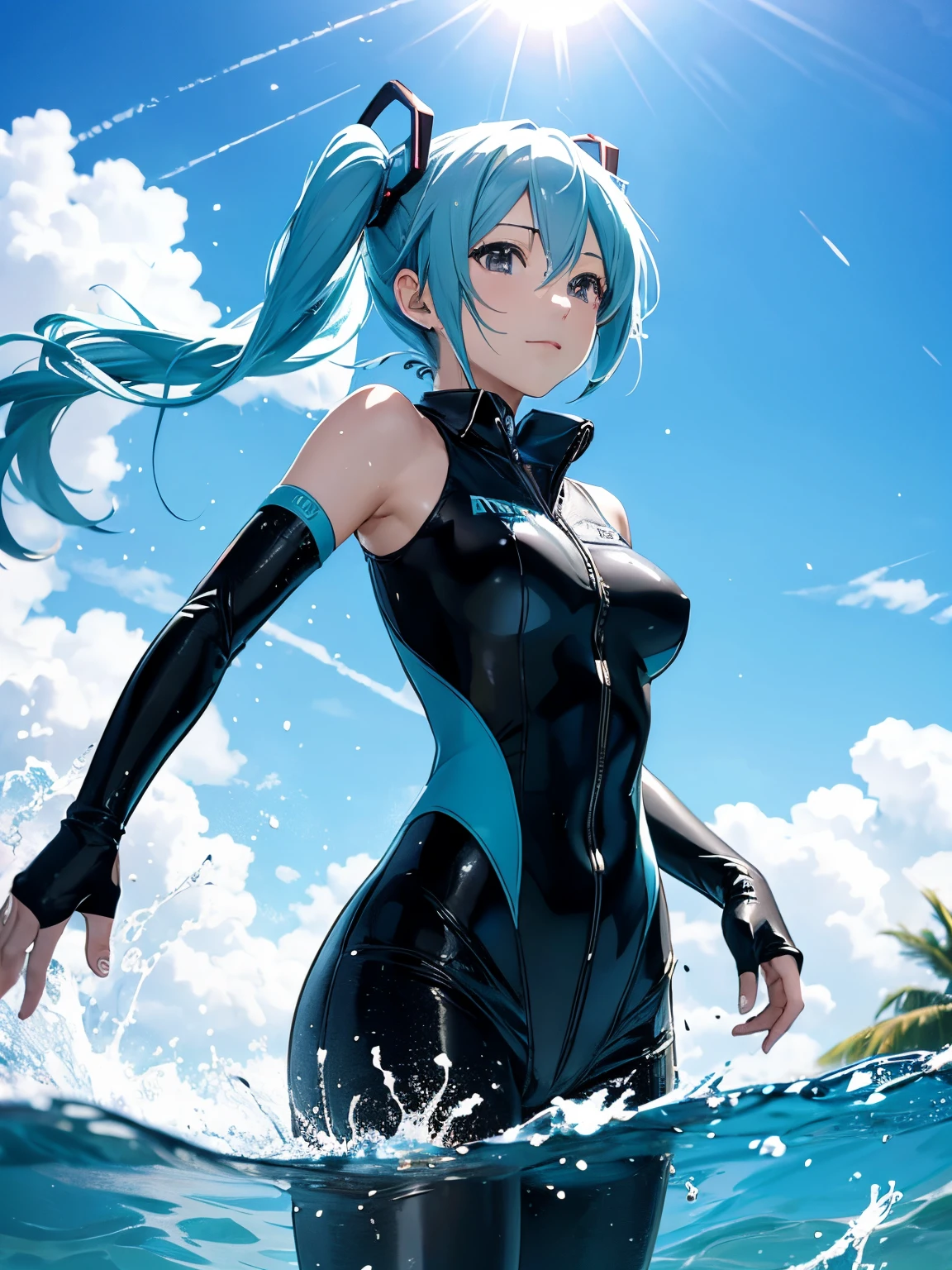 (dynamic angle:1.4), Hatsune Miku,There's a girl riding a speedboat on the water,In 4K, 8K,disorganized、high resolution、Delicate and beautiful to the limit、Depth of bounds written、consternation、masterpiece、grow、visual impact、Super fine、extremely、Amazing detail、gojoantasia、naturey、Sophisticated depiction、Creative、Deepening of the contour、high key、Low dispersion luminance scale、soft light、Light and dark interlacing、ray tracing、anime、フォトrealistic、realistic