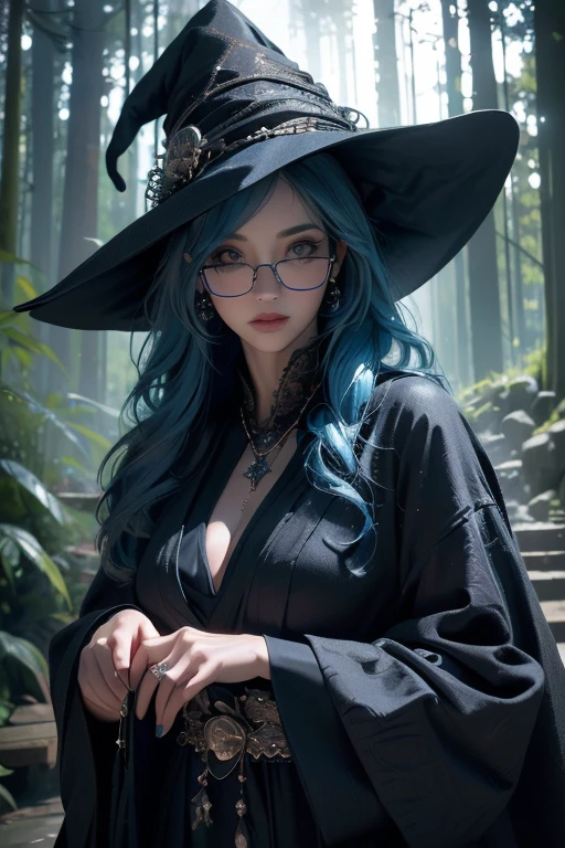 (best quality,highres,masterpiece:1.2),ultra-detailed,(realistic:1.37),(HDR),sexy,blue haired girl with glasses,beautiful detailed eyes,beautiful detailed lips,extremely detailed eyes and face,long eyelashes,witch hat and robe,fantasy landscape,enchanted forest,subtle magical aura,vibrant colors,soft lighting, the witch has water powers