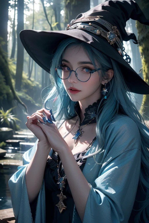 (best quality,highres,masterpiece:1.2),ultra-detailed,(realistic:1.37),(HDR),sexy,blue haired girl with glasses,beautiful detailed eyes,beautiful detailed lips,extremely detailed eyes and face,long eyelashes,witch hat and robe,fantasy landscape,enchanted forest,subtle magical aura,vibrant colors,soft lighting, the witch has water powers