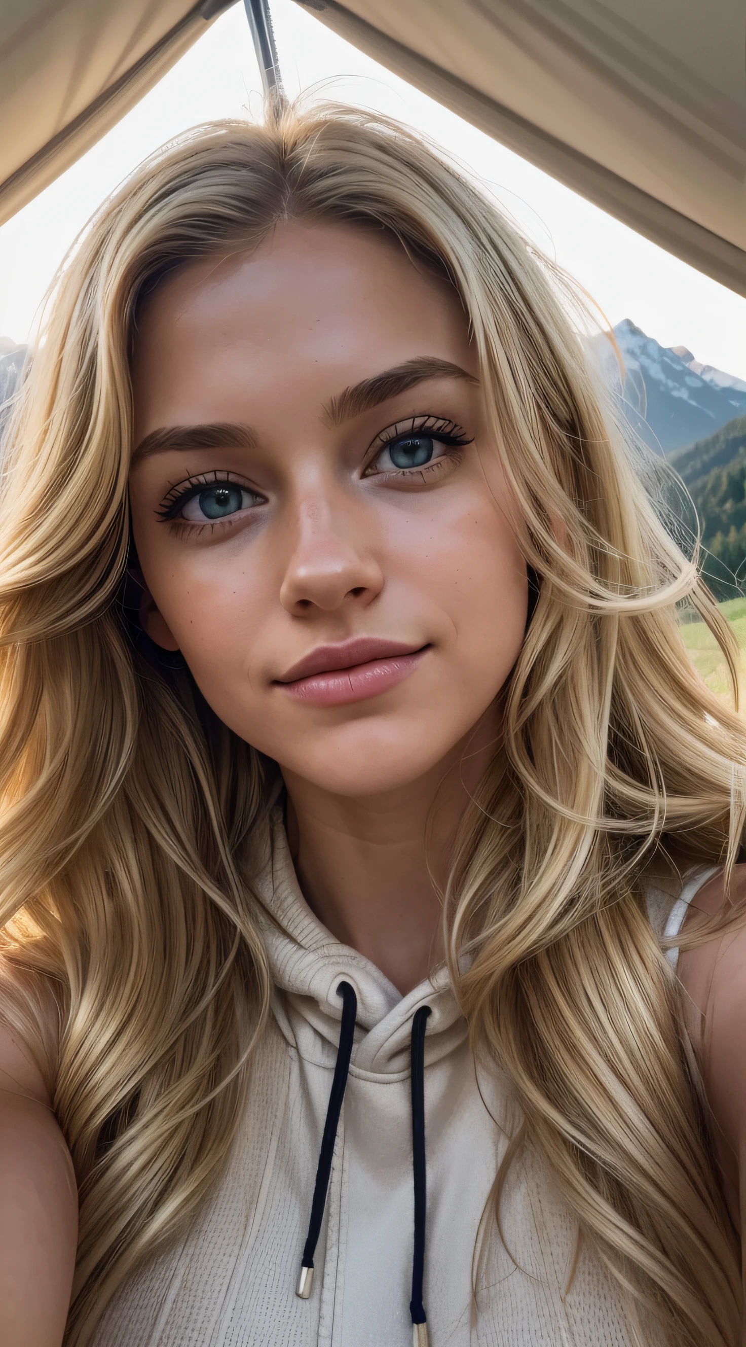 1 woman, American, ((upper body selfie, happy)), beautiful, green eyes, beautiful lips, honey blonde hair, long wavy and curly hair,((upper body selfie, happy)), Filming in a tent, Beautiful backlight, ,Masterpiece, Best Quality, Ultra-detailed, Solo, exteriors, (natta), mountains, Nature,  cheerful, happy, analog style (looking up at viewer:1.2) (skin texture) (film grain:1.3), (warm hue, warm tone:1.2), close-up, Cinematic light, Side lighting, The ultra-High res, best shadows, ..raw, upper half body, wearing Christmas hoodie, Relaxed and intimate photos, blonde hairs,