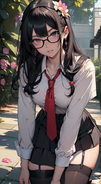 (Black Long Hair)、、 (A detailed eye、二重まぶた、eye glasses、A slight smil、Open mouth and happy smile)、 (School Uniforms:1.3)、(tight mini pleated skirt:1.3)、(Skirt lift:1.3)、(Show white sexy panties:1.2)、(Black garter belt:1.3)、(Black thigh socks:1.3)、 ((Medium chest)) 、((Cameltoe:1.3)、Model body type、(Slim waist)、(zettai ryouiki:1.3))、Lots of flowers background (５Fingered hand、Highly detailed facial and skin texture)、 (Super close-up looking up from below:1.2)、Focus on the crotch、(sitting on:1.2))、((top-quality、8K,​masterpiece:1.3))、(Beautiful woman with perfect figure:1.4)、(Background of many blooming roses:1.3)