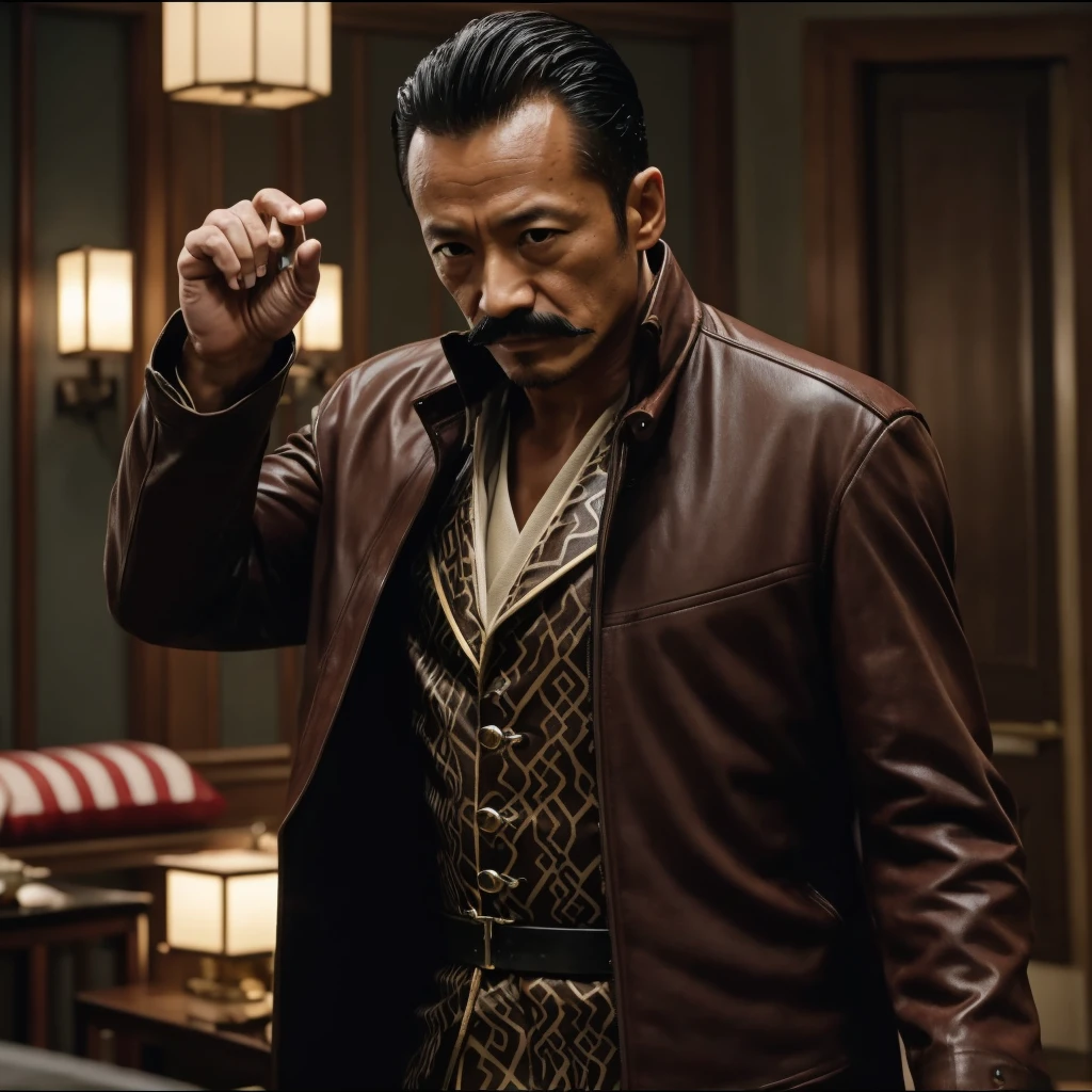 50 years old，Hidetoshi Nakata ，（Kogoro Mouri 1.3), man in kraven outfit, tong, mustache, kraven jacket marvel, short hair, fighting, masterpiece, 4k hd, 8k hd