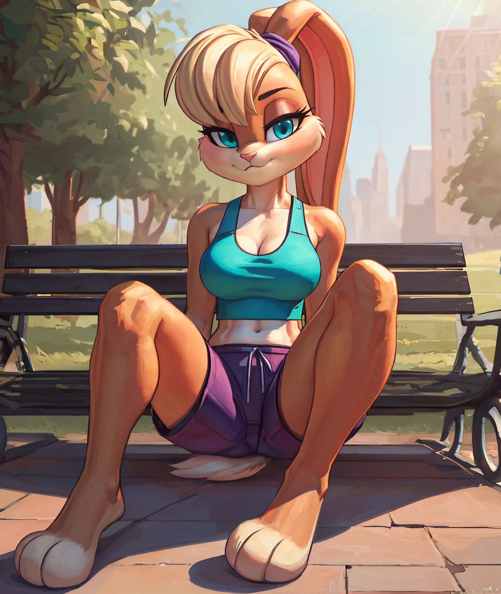 [lola bunny], [Uploaded to e621.net; (Pixelsketcher), (wamudraws)], ((masterpiece)), ((high res)), ((HD)), ((solo portrait)), ((full body)), ((front view)), ((feet visible)), ((furry; anthro)), ((detailed fur)), ((detailed shading)), ((beautiful render art)), ((intricate details)), {anthro rabbit; (slim figure), (beige fur), pink nose, (cute blue eyes), (long eyelashes), short blonde hair, (blonde bang), (ears in ponytail), (fluffy tail), (small boobs), (curvy hips), (beautiful legs), (beautiful feet), (expressionless)}, {(teal tank top), (cleavage), (midriff), (navel), (purple short shorts), (white gloves)}, {(sitting on ground), (looking at viewer)}, [background; (park), (blue sky), (sun rays)]