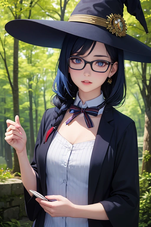 (best quality,highres,masterpiece:1.2),ultra-detailed,(realistic:1.37),(HDR),sexy,blue haired girl with glasses,beautiful detailed eyes,beautiful detailed lips,extremely detailed eyes and face,long eyelashes,witch hat and robe,fantasy landscape,enchanted forest,subtle magical aura,vibrant colors,soft lighting, the witch has water powers