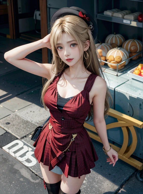 masterpiece, best quality,3girl,young girl, grapefruit eyes, ash blonde, long hair,unstable _face,shiny skin,flat chest,nice leg line:1.3,thick thighs, thin waist,, Red_polka_dot_wrap_dress, white_platform_espadrilles, woven_tote_bag, straw_hat, gold_hoop_earrings, cityscape,looking at viewer,from above:1.2,dynamic angle