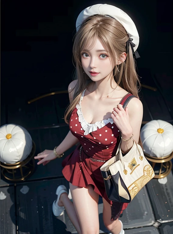 masterpiece, best quality,3girl,young girl, grapefruit eyes, ash blonde, long hair,unstable _face,shiny skin,flat chest,nice leg line:1.3,thick thighs, thin waist,, Red_polka_dot_wrap_dress, white_platform_espadrilles, woven_tote_bag, straw_hat, gold_hoop_earrings, cityscape,looking at viewer,from above:1.2,dynamic angle