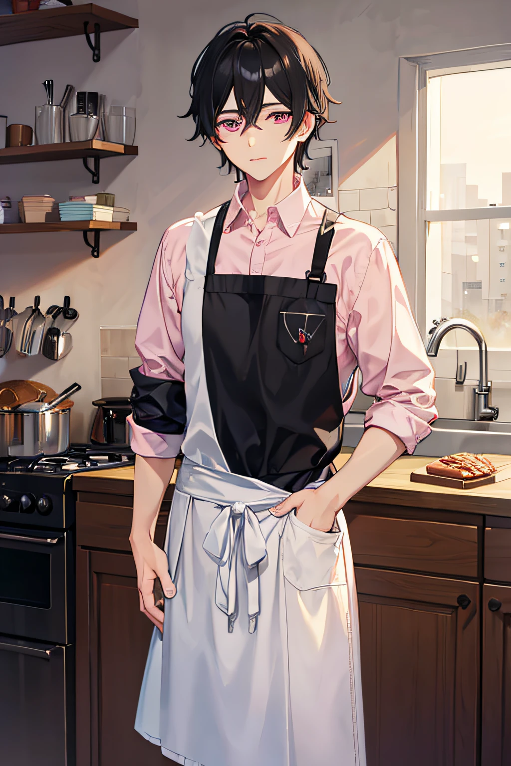 A male baker with jet black hair and pink eyes