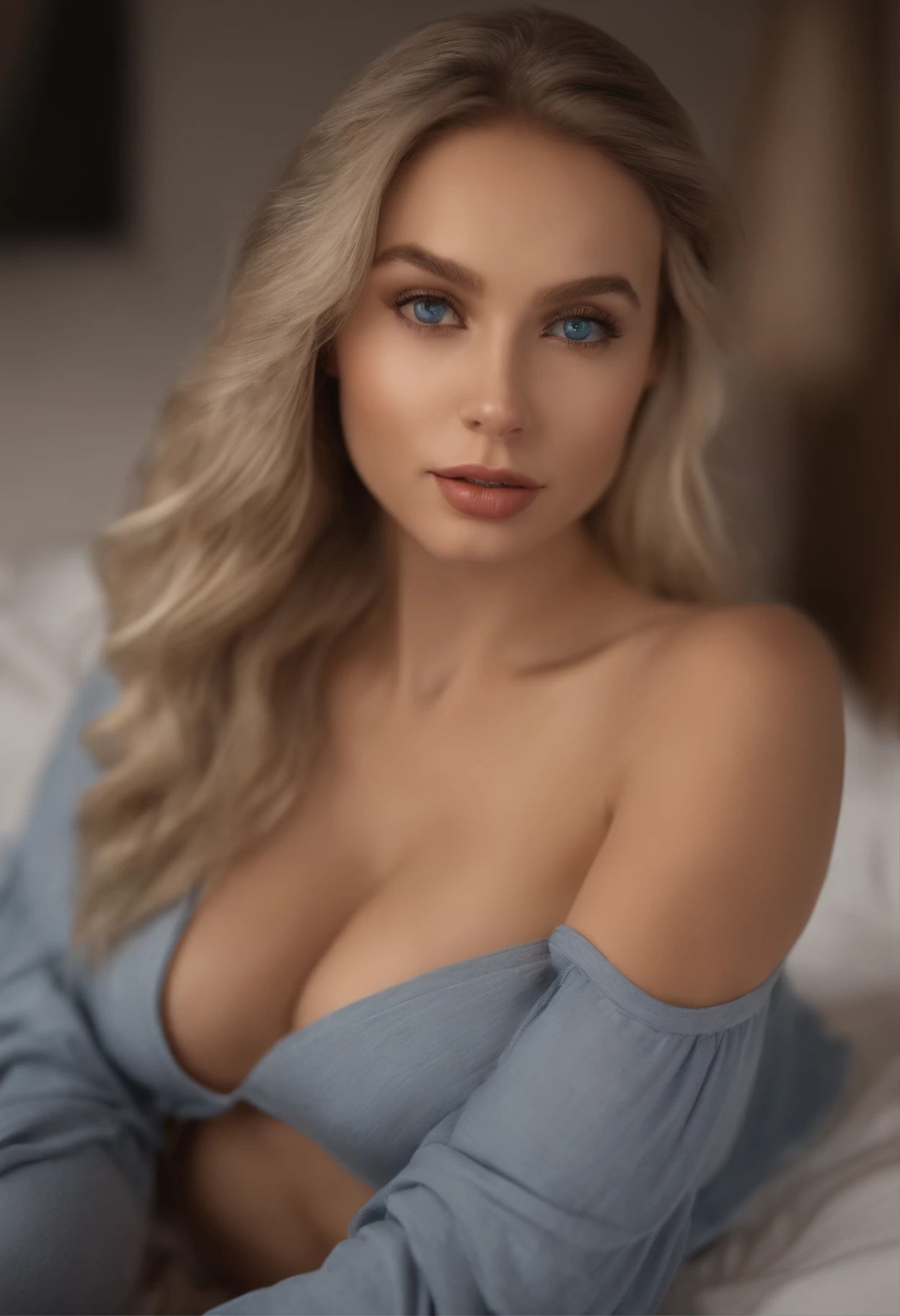 arafed woman fully ,  with blue eyes, ultra realistic, meticulously detailed, portrait sophie mudd, blonde hair and large eyes, selfie of a young woman, bedroom eyes, violet myers, without makeup, natural makeup, looking directly at the camera, face with artgram, subtle makeup, stunning full body shot kneeling on bed, in bedroom, medium to large size bust; ; ;naked, nipples showing, medium to large breasts exposed, shaved bottom,