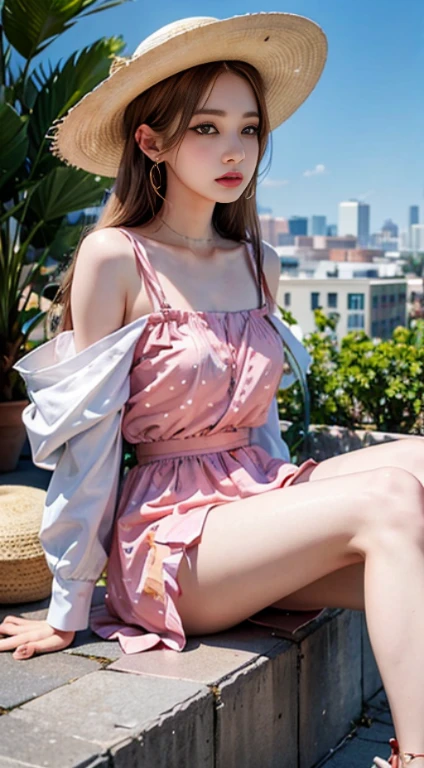 masterpiece, best quality,3girl,young girl, grapefruit eyes, ash blonde, long hair,unstable _face,shiny skin,flat chest,nice leg line:1.3,thick thighs, thin waist,, Red_polka_dot_wrap_dress, white_platform_espadrilles, woven_tote_bag, straw_hat, gold_hoop_earrings, cityscape,looking at viewer,from above:1.2,dynamic angle
