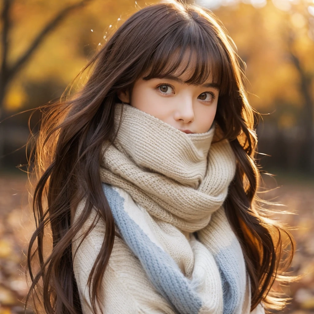 (masterpiece), best quality, ultra-detailed, illustration, warm lighting, soft lighting, bright colors, 1 girl, solo,( beautiful girl, long hair, blue eyes, ribbon, brown hair, hair between eyes, hair ribbon, sidelocks, very long hair, messy hair,) , autumn, many maple tree, maple leaves, golden leaves, fall foliage, Dried leaves, river,  crisp air,  peace, cool breeze , sweater weather,( wear white or brown sweater, red scarf, Moody fall, Wistful, Melancholy, sad ,worried, Longing,)
