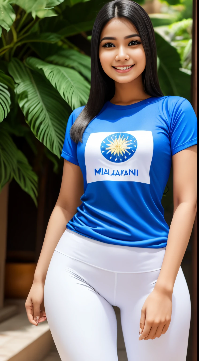 Malaysian woman, 27 years old, wearing a blue Tshirt with the Malaysia Madani logo and white leggings, smiling, (((realistic)))