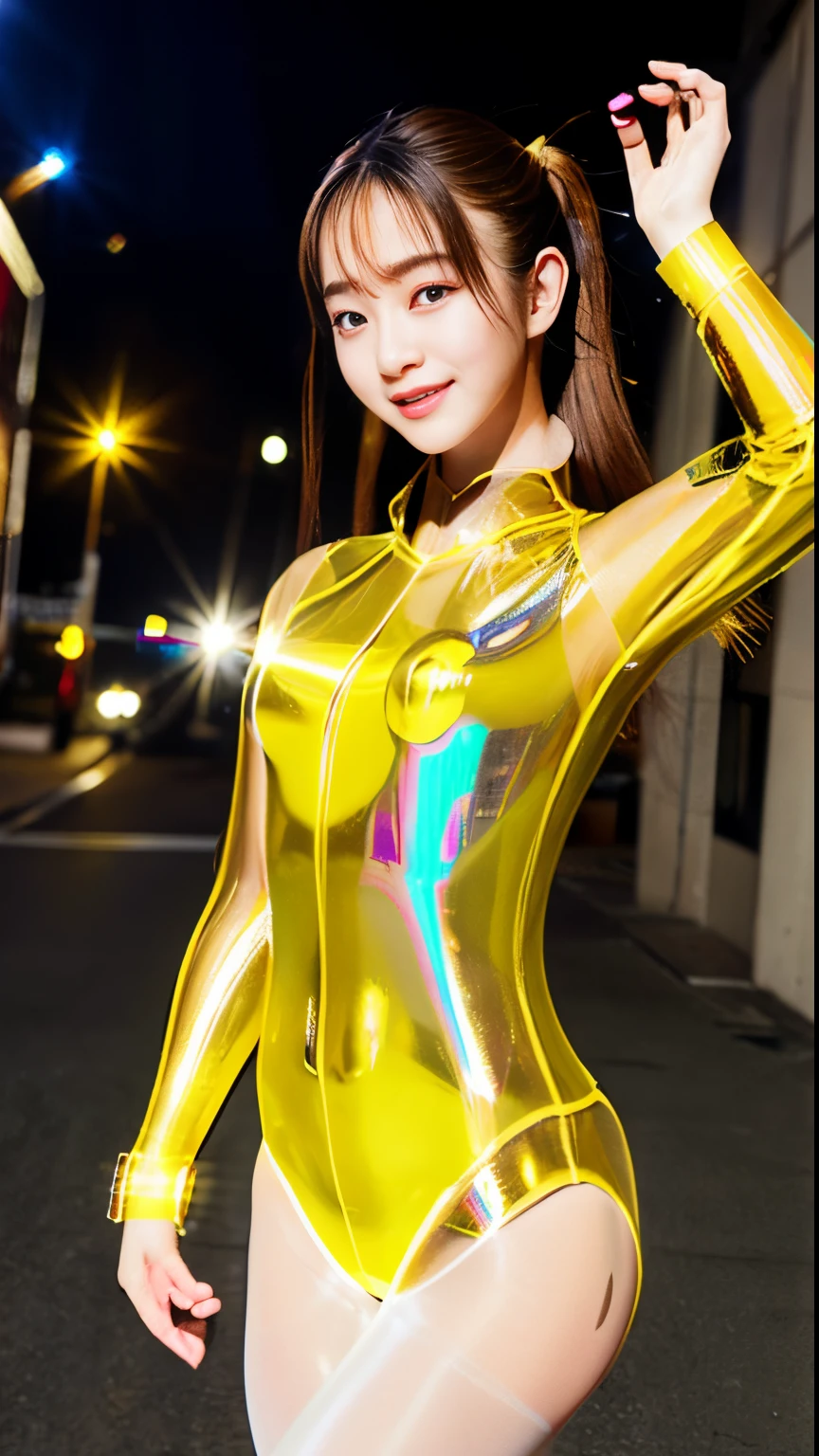 Angelic Very beautiful cute girl,
Beautiful detailed eyes, Ultra mini skirt、
Detailed double eyelids,Raw feet、poneyTail、Beautiful navel、Beautiful、Beautiful arms、Raw feet、
(Large eyes:1.3),long eyelashes,poneyTail、Raw feet、Big、Ultra mini skirt、White panty、Big、
See-through bangortiful detailed face and eyes:1.4), 
small nose,
small mouth, 
Beautiful long hair,
happy smiling with visible teeth,
(Best Quality:1.2),
Raw photo, 
High resolution, 
perfect  detail, 
Professional Photography, 
Professional Lighting,BREAK  (Super Shiny Yellow Transparent Holographic Full Bodysuit:1.3) , Ultra-tight fit bodysuit with super reflective surfaces,Walking,Beautiful legs, Strong lighting of the bodysuit,In the city,Brown hair,