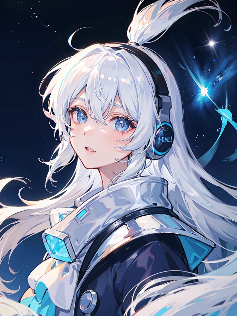 Light explosion，Cold white-haired girl，Handsome，With sky blue headphones，Under the stars