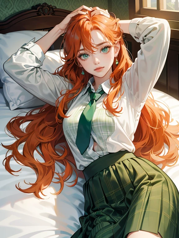 (absurdres, highres, ultra detailed) (1 female, 1 male),((1 female with red-orange hair, long wavy hair without bangs, wearing white shirt, green necktie and green plaid skirt, green eyes, expression: sleepy, lying down on a bed on her back, arms stretched above her head, background: medieval room with warm lighting from window, green pillows, canopy bed