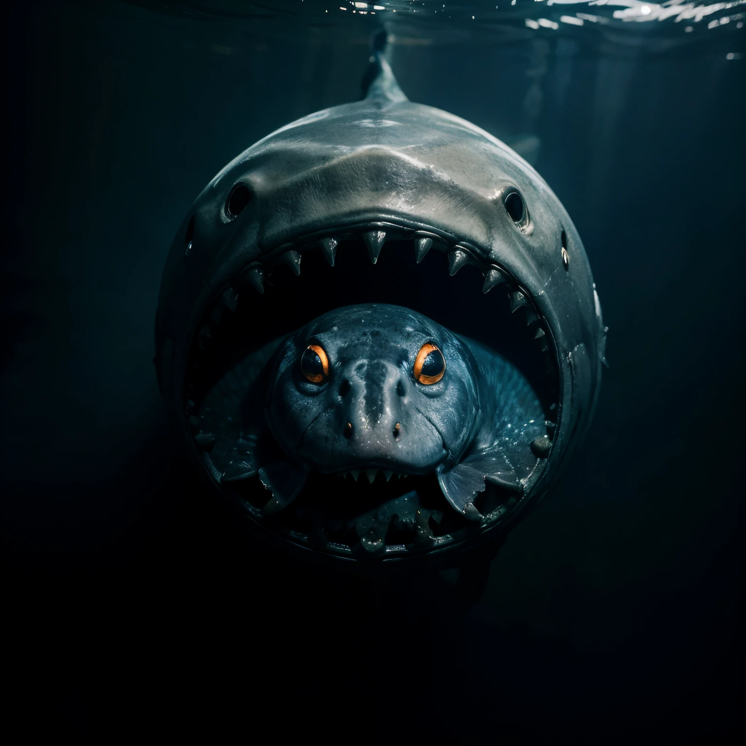 Big horrible fish with glowing eyes empty mouth at the bottom of the dark and empty abyss of the ocean with poor lighting , fotorrealismo