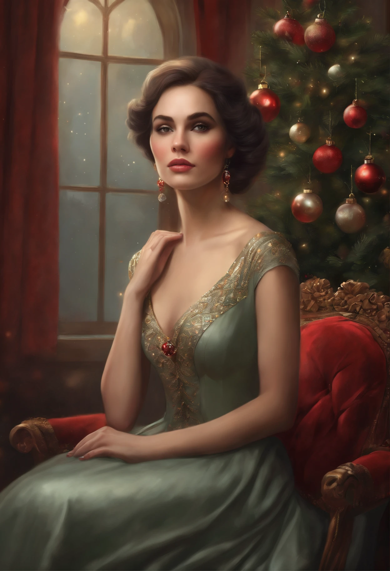 Arafed woman sitting in front of Christmas tree with gifts, Classic portrait, tom bagshaw artstyle, High Quality Portrait, inspired by Magali Villeneuve, based on Alison Kinnaird, detailed portrait, Artstyle: Tom Bagshaw, inspired by Adrienn Henczné Deák, official illustration, illustartion!, RPG Book Portrait, Fantasy genre portrait