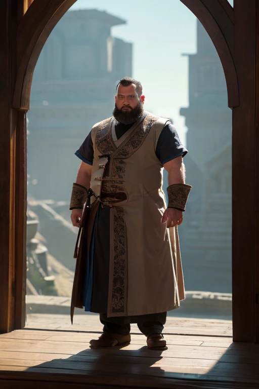 Fat middle-aged man in fantasy world, No beard, bald on the top of the head, Fluffy, neatly trimmed hair grows on the sides and back of the head., Standing, Full body
