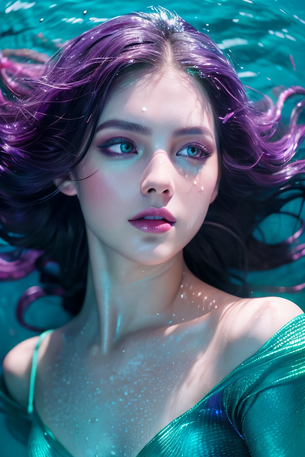 fusion 5. photorealistic. an extremely hyperdetailed complete porcelain skin texture female mermaid, slightly luminous comes up above the surface of the water as water is pouring down from the face and mermaid, in contrast. Mouth slightly open and highly detailed purple eyes, rose lipstick, turquoise wet wavy hair with water dripping from her hair, her mermaid tail is sparkly litmus color, the mood is vibrant in tones of purple, rose and turquoise in a studio with studio light