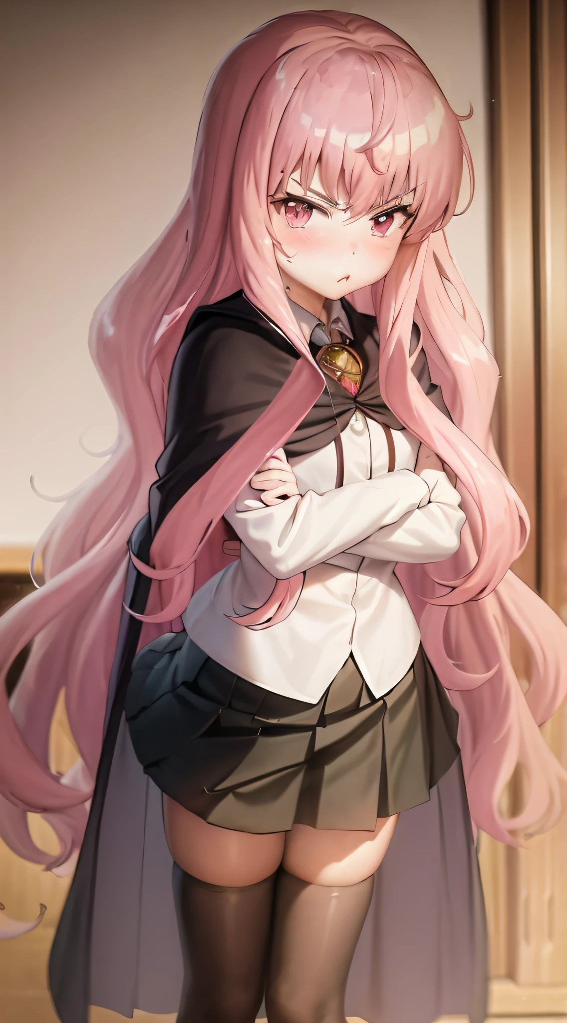 Masterpiece, best quality, extremely detailed wallpaper CG unity 8k, 1girl, Louise Francoise le Blanc de la Vallière, pouting, school, upper body, portrait, crossed arms, pouting face, black stockings, black skirt, cape, glitter, highlights, long hair, looking at viewer, arms crossed, Louise Françoise Le Blanc de La Vallière, pouting mouth, pink hair, pink eyes, pleated skirt, school uniform, shoes, skirt, solo, sequins, standing, knee socks, very long hair, wavy hair , sulking