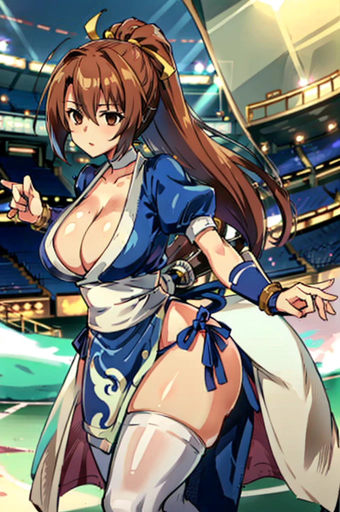 (masutepiece, Best Quality:1.3)
Kasumido, 1girl in, Solo, Long hair, breasts, Looking at Viewer, Bangs, Large breasts, Brown hair, thighs thighs thighs thighs, Dress, bow ribbon, cleavage, Brown eyes, medium breasts, Underwear, Standing, Panties, Hair Ribbon, braid, Short sleeves, Cowboy Shot, komono, Puffy sleeves, white thighhig, Puffy Short Sleeves, Lips, sash, pelvis curtain, Yellow Ribbon, Realistic, Nose, arm guards, (arena:1.3),hypnoLora,
empty eyes