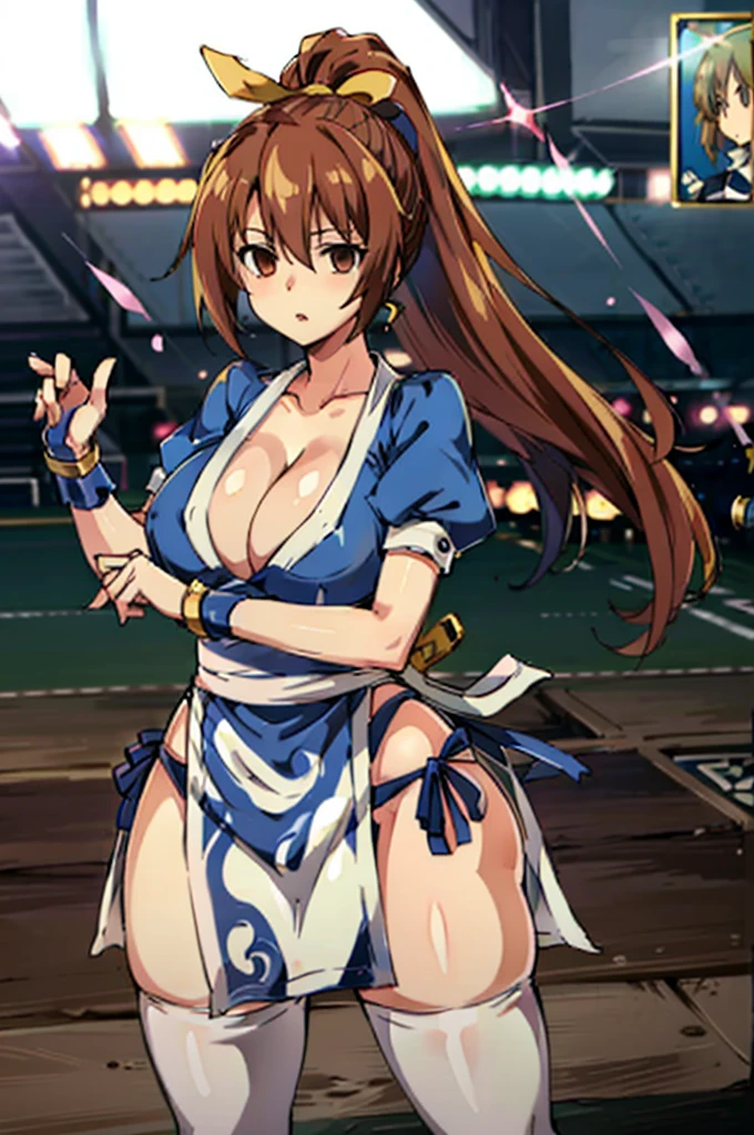 (masutepiece, Best Quality:1.3)
Kasumido, 1girl in, Solo, Long hair, breasts, Looking at Viewer, Bangs, Large breasts, Brown hair, thighs thighs thighs thighs, Dress, bow ribbon, cleavage, Brown eyes, medium breasts, Underwear, Standing, Panties, Hair Ribbon, braid, Short sleeves, Cowboy Shot, komono, Puffy sleeves, white thighhig, Puffy Short Sleeves, Lips, sash, pelvis curtain, Yellow Ribbon, Realistic, Nose, arm guards, (arena:1.3),hypnoLora,
empty eyes