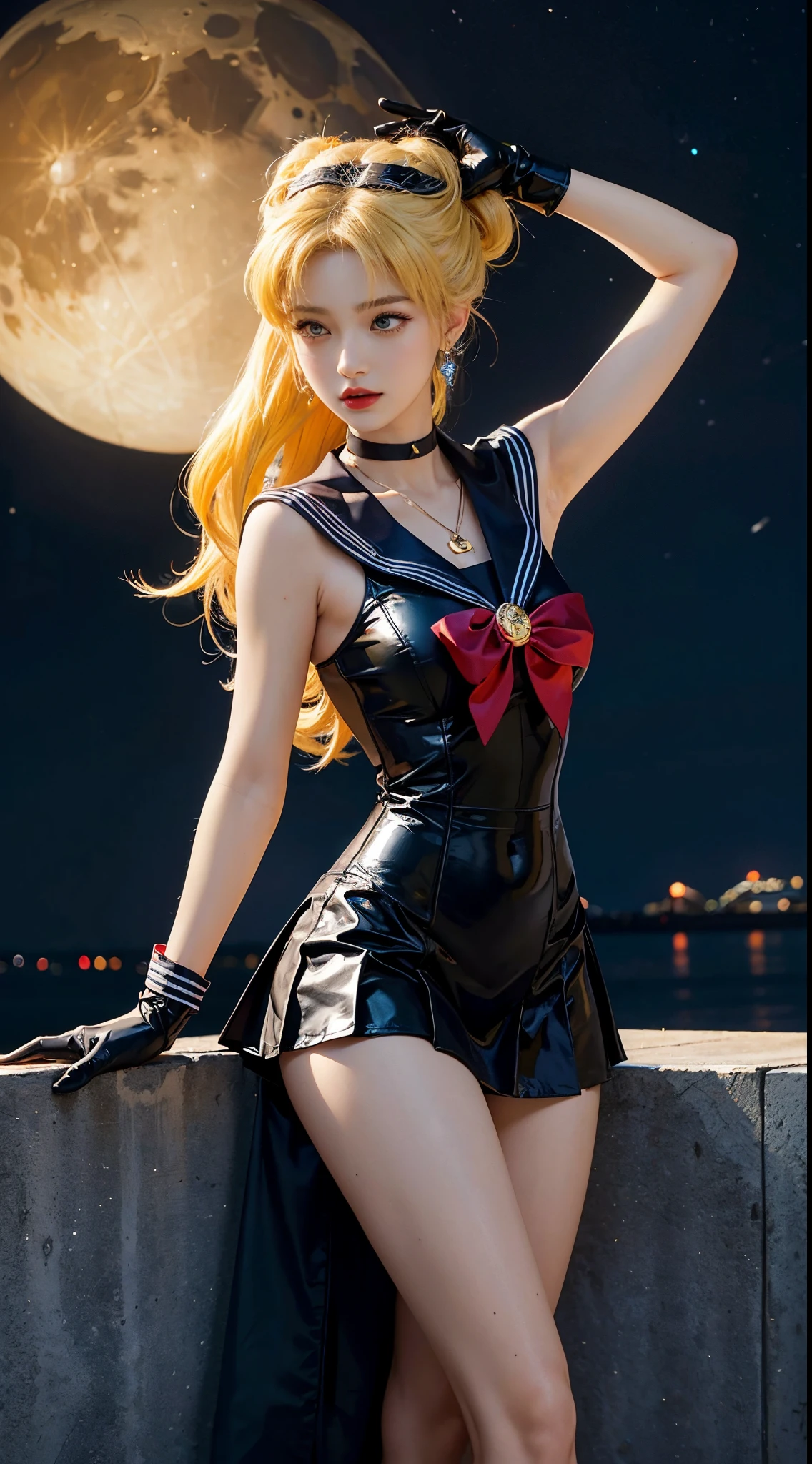 ((masterpiece:1.4)、(top-quality:1.4)、(reallistic:1.7))、masuter piece:1.4、a beauty girl、(Sailor Moon:1.4)、Tsukino Usagi、Body Fit Sexy Sailor Senshi Uniform、(latex shiny)、(The jacket is a white sleeveless sailor uniform...)、(Skirt Blue Sexy Ultra Ultra Pleated Mini Skirt)、There are two thin blue lines on the collar of the sailor uniform....、high leg swimsuit、Red cloth ornament at chest、(Wearing white gloves)、Kawaii Girl、Super beauty、foco nítido、Portrait photos、(Perfect female body:1.4)、perfectly proportions、Upper body photography:1.4、美丽的面容、beautidful eyes、Narrow waist、beauty legs、(yellow hair:1.4)、(length hair:1.2)、Beautiful udder、large full breasts:1.2、Sexy ass、Raw photo、red-lips、Red high heels:1.4、a choker:1.4、a necklace:1.4、耳环:1.4、Luxurious Golden Tiara:1.4、1 screen display、a moon、kosmos、spaceships、A space station、City of the Future