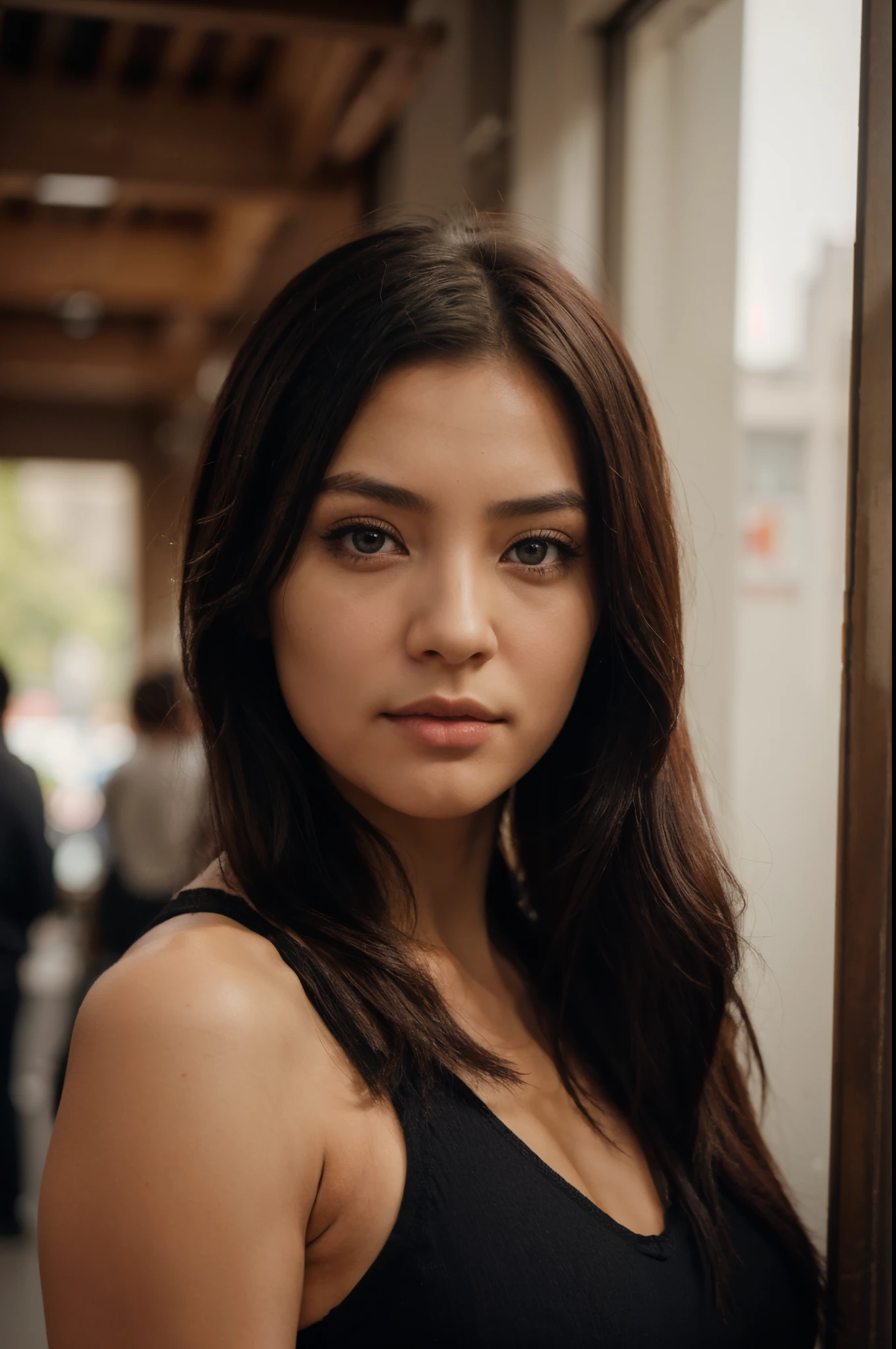 hyperrealistische asiatische frau, Pretty, schwarze haare die bis knapp unter die brust gehen, blaue augen, macht ein selfie im fitnessstudio, wearing a sports bra and sports leggings