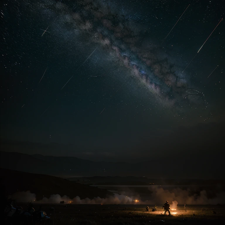 A picture of two armies engaged in battle, the sky filled with meteors and dense stars, and bright moonlight