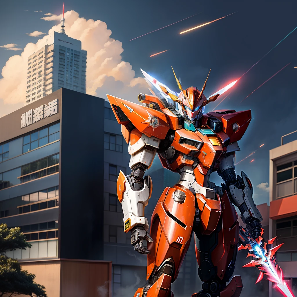 a close-up of a robot standing in front of a building, Anime mecha moderno, mecha anime, with a light sword in hands, estilo do filme anime linha vermelha, estilo mecha legal, Gurren Lagan, an anime large mecha robot, mobile suit, Krenz Cushart e Artem Demura, terno mecha