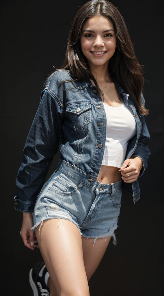 a young latina woman smiling with a black background, wearing a denim jacket with a white tshirt underneath, wearing demin jeans and sneakers, taken in the late 2010s, jordin sparkiranda cosgrove-victoria justice-shakira-roselyn sanchez merged, entire body visible