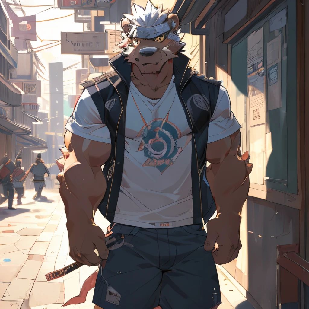 hi res, polar bear \(dnd\), (textured skin), full body, bara, yellow eyes, muscular, spiky hair, male, t-shirt, (parka, jacket), fully clothed, room, (cyberpunk), street, neon light, standing, outdoor, detailed eyes, high quality, best quality, (anatomically correct: 1.2), [by (by canyne khai, (by takemoto arashi), by null-ghost, by kiyosan, by milkytiger1145, by littleblackalas)]