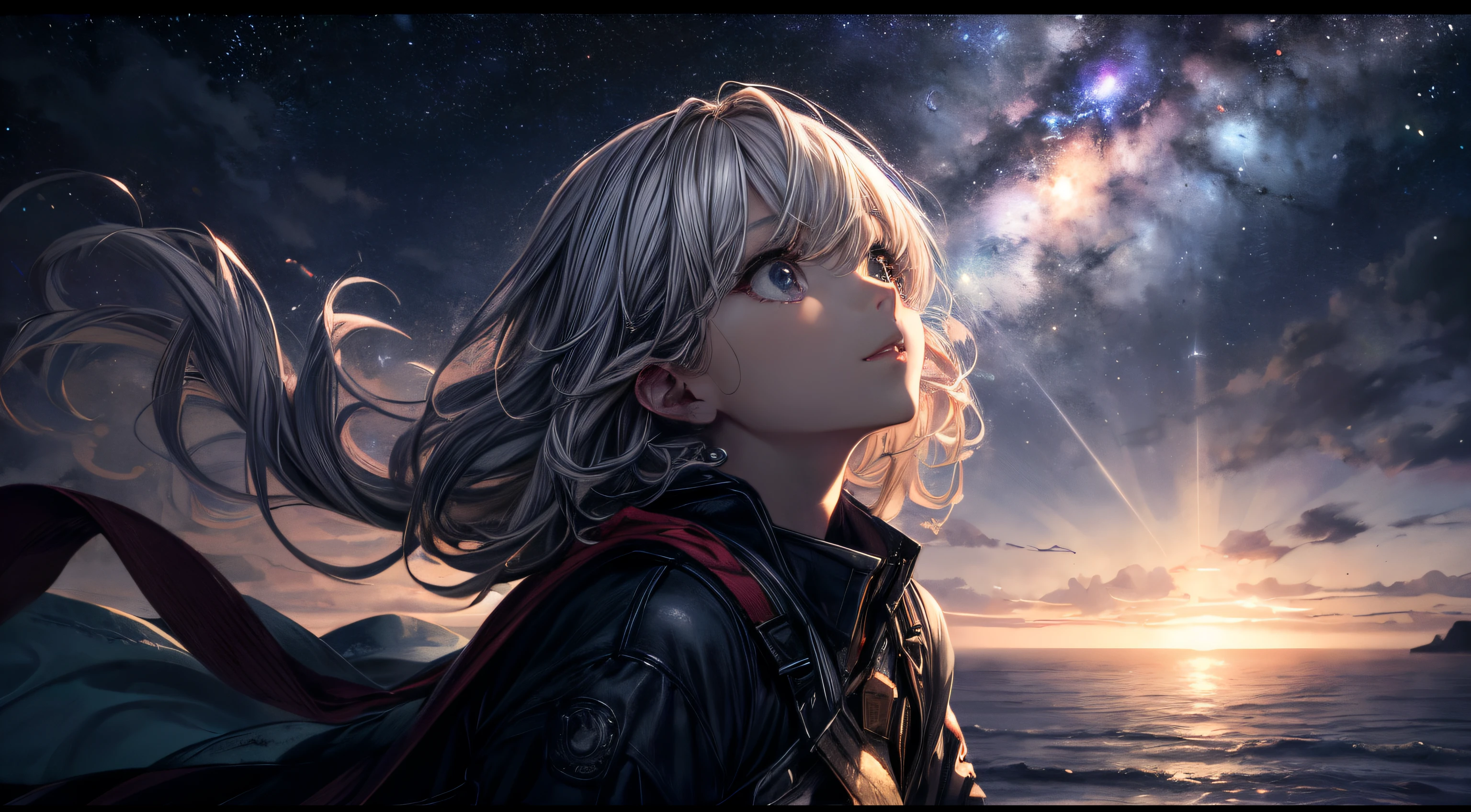 (Best Quality: 1.5), (Super Detail: 1.5), (Best Quality Photo: 1.5), ocean as far as the eye can see, full of stars, meteor shower, horizon, midnight, midnight, scenic, beautiful landscape, galaxy, nebula, light particles, very delicate and beautiful, very detailed, cinematic light, mysterious, cinematic angle, 8k resolution, elegant, perfect, smooth, beautiful girl looking up to the heavens, very cute, curly,