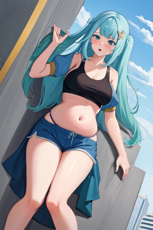 Giant maiden，Moe two-dimensional style，Pregnancy status，Round belly，Gaze at the bustling city, Lying down, Burp, Burping, Sports bra, Very thight shorts, Full body