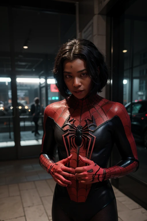 Make me a picture in the Marvel Spidersona comic panel style:menina afro-americana de cabelo afro+preto+olhos castanhos+em casa+jogando videogame+a noite+roupa de dormi+usando fones de ouvido+luz da TV+concentrada enquanto coloca a lingua pra fora