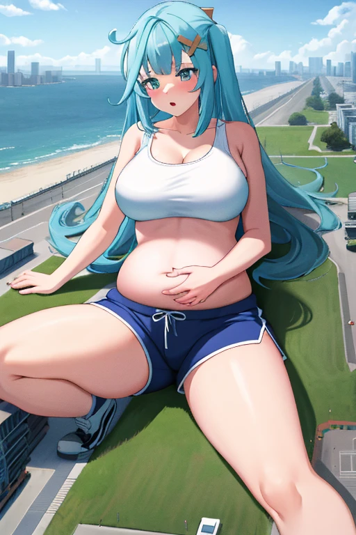 Giant maiden，Moe two-dimensional style，Pregnancy status，Round belly，Gaze at the bustling city, Lying down, Burp, Burping, Sports bra, Very thight shorts, Full body